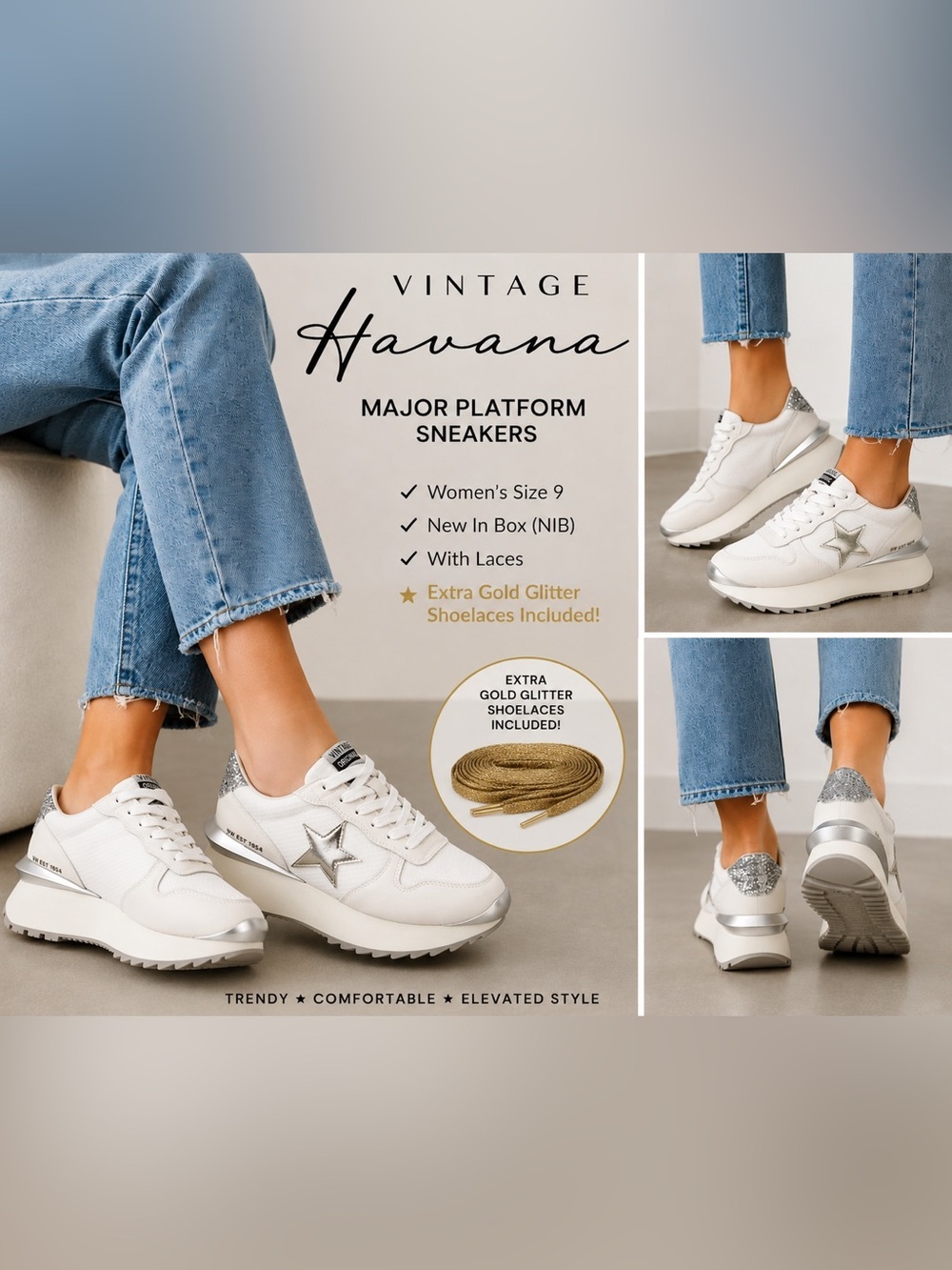 Vintage Havana Major White Silver Platform Sneakers Women's Size 9 NIB
